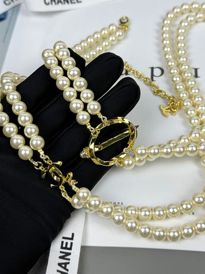 [Luxery]25K Pencil Double C Double-Layer Pearl Sweater Chain