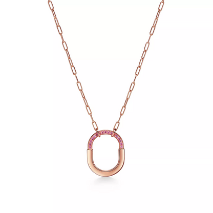 [⭐Luxery Jewels]LOCK MEDIUM PENDANT PINK DIAMOND PINK GOLD NECKLACE