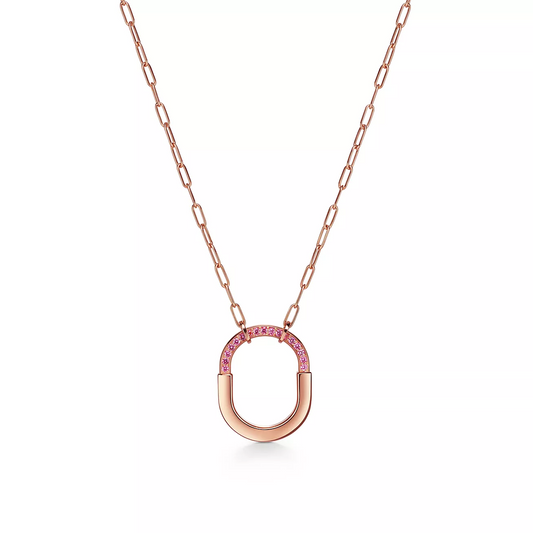[⭐Luxery Jewels]LOCK MEDIUM PENDANT PINK DIAMOND PINK GOLD NECKLACE