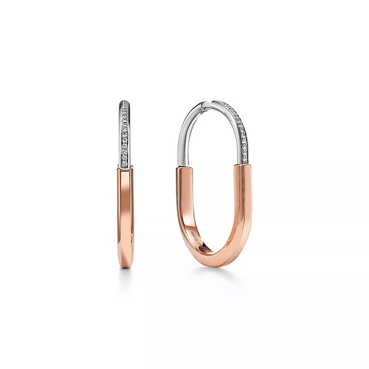 [⭐Luxery Jewels]LOCK EARRINGS ROSE AND WHITE GOLD DIAMONDS EXTRA LARGE