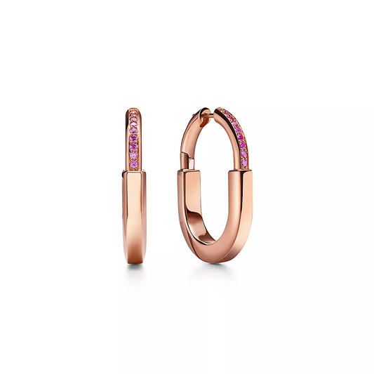 [⭐Luxery Jewels]LOCK MEDIUM PINK DIAMOND PINK GOLD EARRINGS