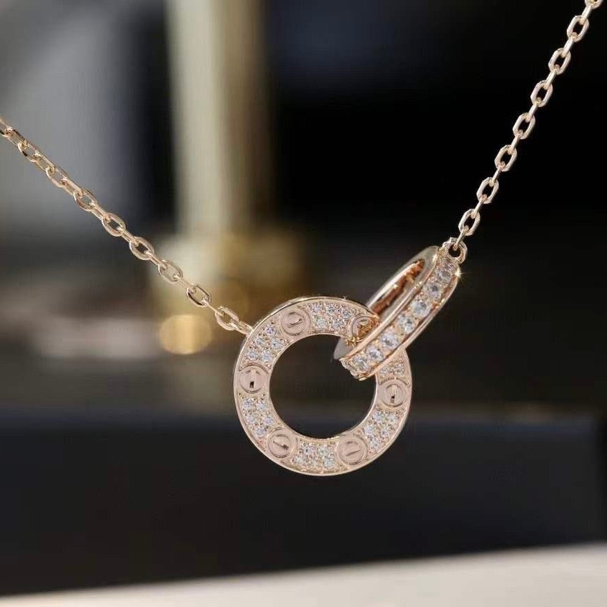 [Luxery]LOVE 7.6MM NECKLACE ROSE GOLD AND SILVER  FULL DIAMOND