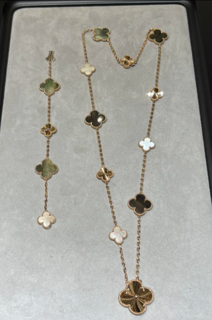 [Luxery]DETACHABLE CLOVER 15(11+4) FLOWER SILVER NECKLACE SET