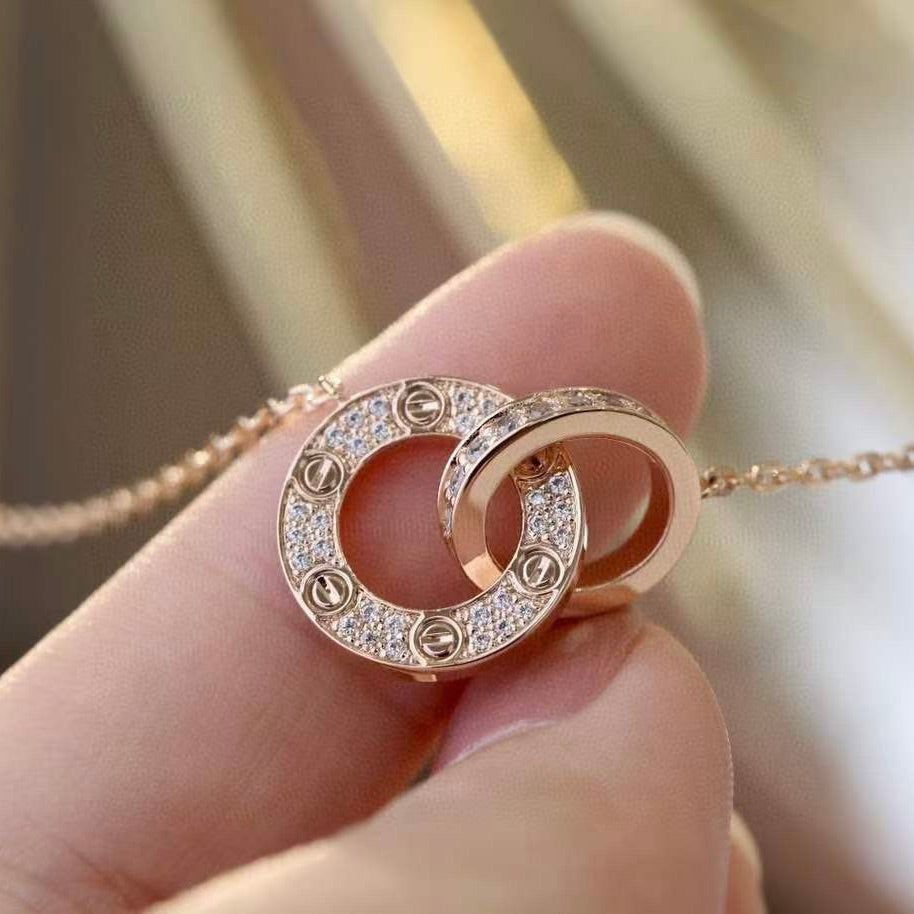 [Luxery]LOVE 7.6MM NECKLACE ROSE GOLD AND SILVER  FULL DIAMOND