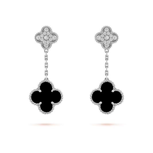 [Luxery]CLOVER 2 MOTIFS  DIAMOND ONYX EARRINGS SILVER