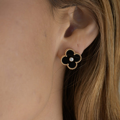 [Luxery]CLOVER MEDIUM 1 MOTIFS ONYX DIAMOND EARRINGS