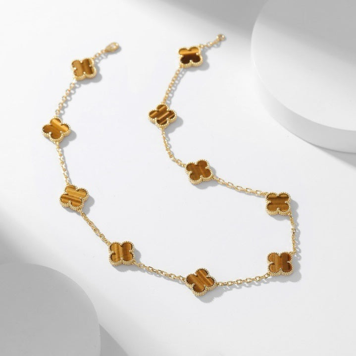 [Luxery]CLOVER 10 MOTIFS TIGER EYE NECKLACE