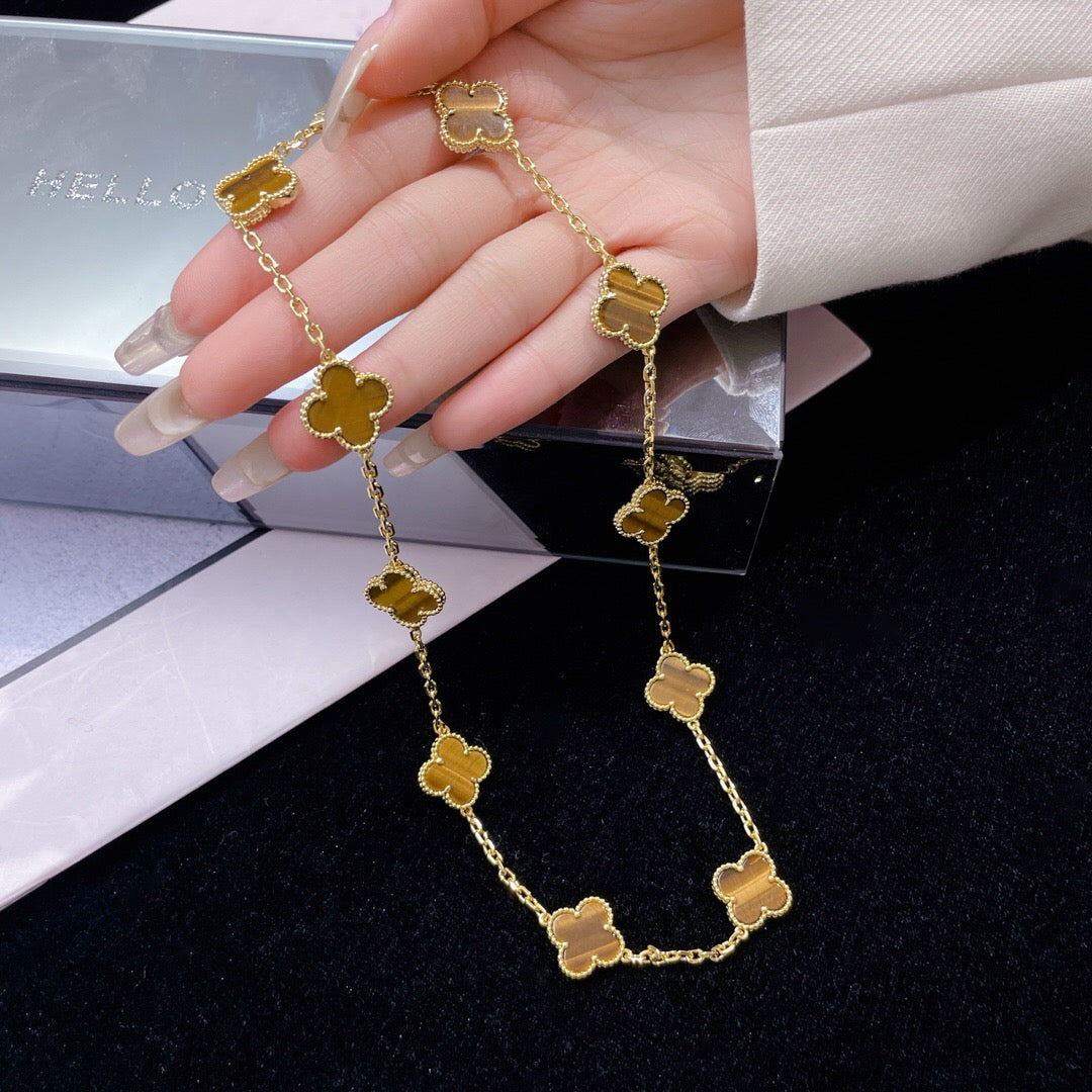 [Luxery]CLOVER 10 MOTIFS TIGER EYE NECKLACE