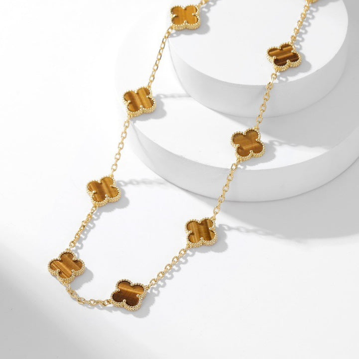[Luxery]CLOVER 10 MOTIFS TIGER EYE NECKLACE