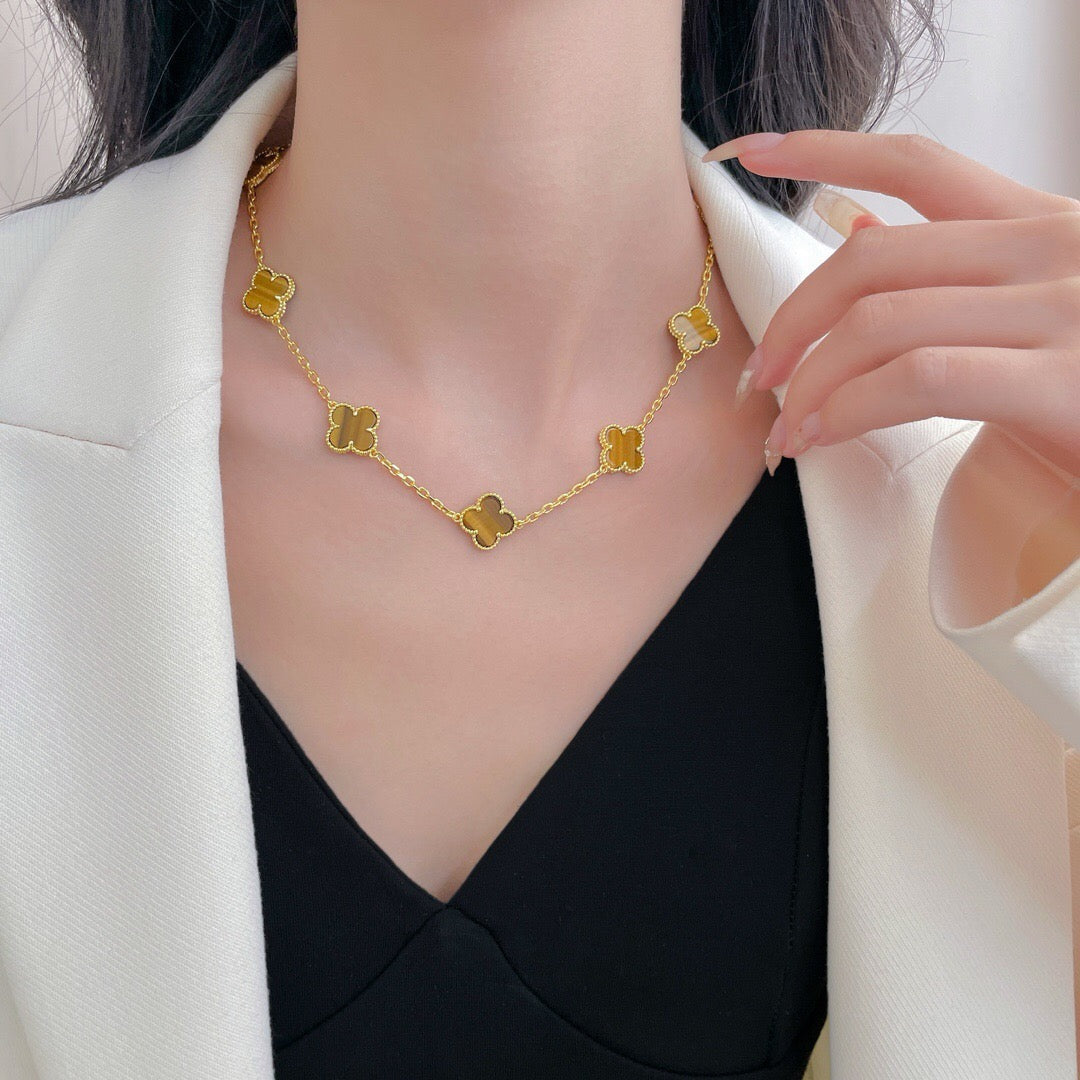 [Luxery]CLOVER 10 MOTIFS TIGER EYE NECKLACE