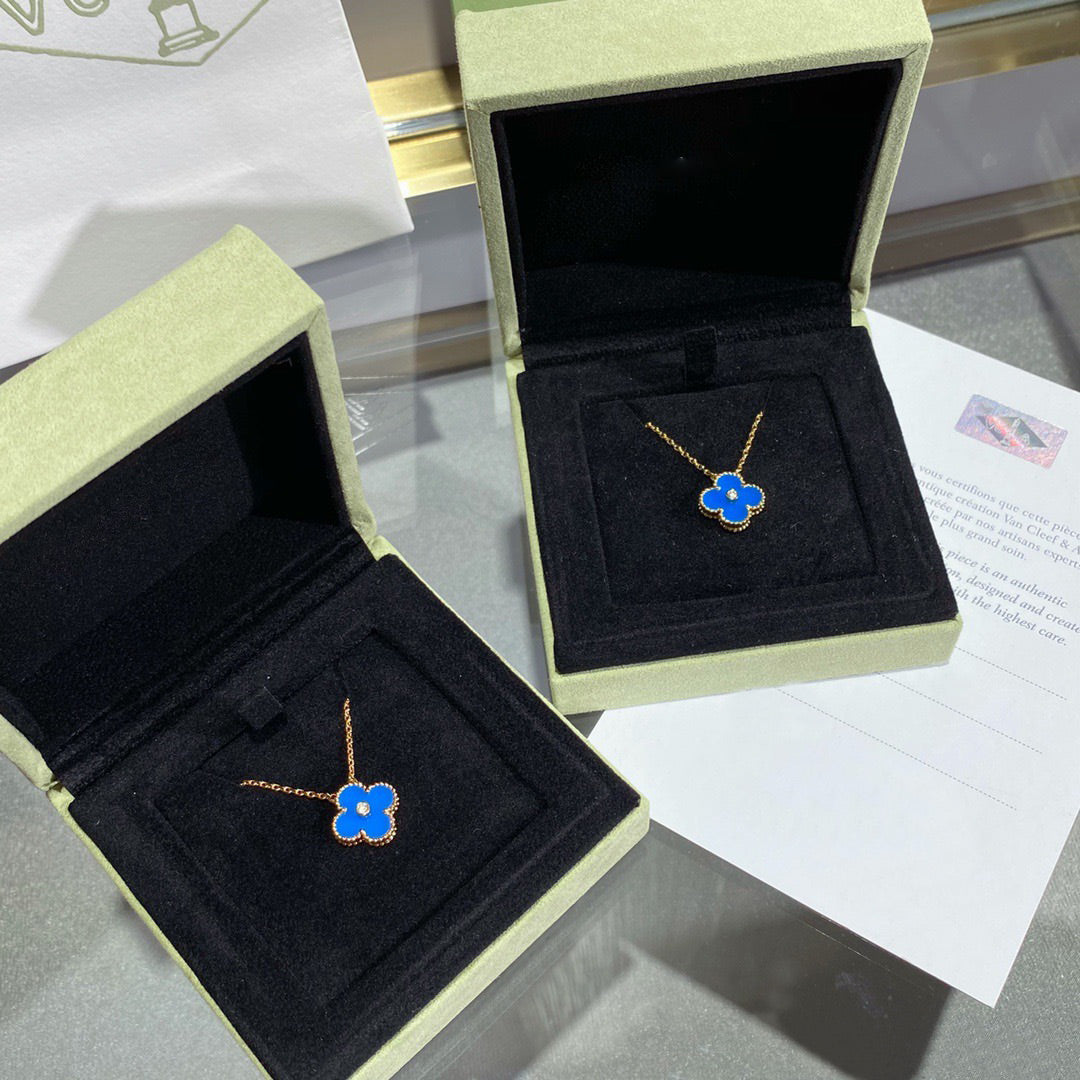 [Luxery]CLOVER 15MM DIAMOND AND BLUE AGATE NECKLACE