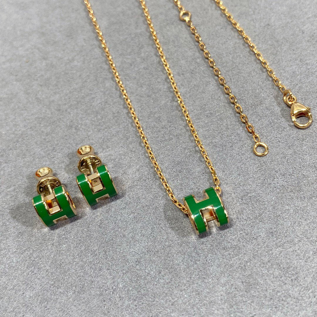 [Luxery]POP H GREEN NECKLACE SILVER AND GOLD
