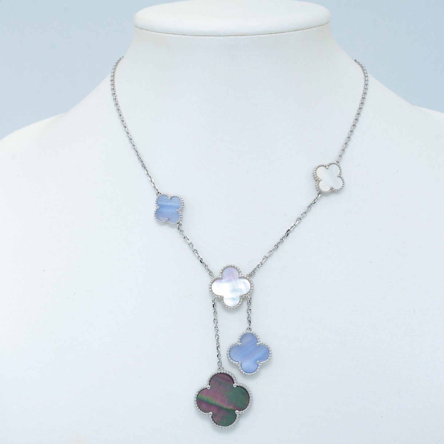 [Luxery]CLOVER MOP CHALCEDONY NECKLACE SILVER 6 MOTIF