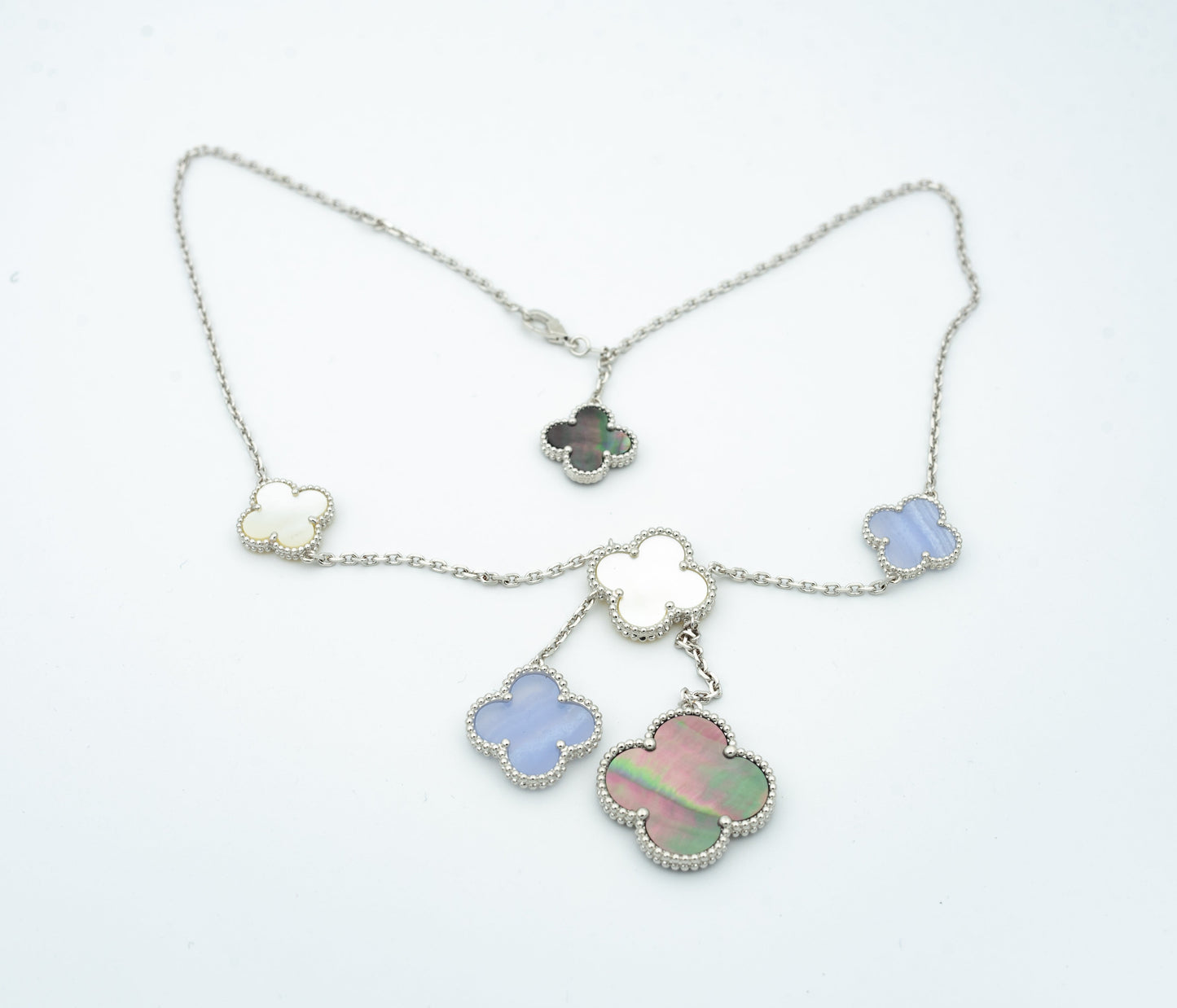 [Luxery]CLOVER MOP CHALCEDONY NECKLACE SILVER 6 MOTIF