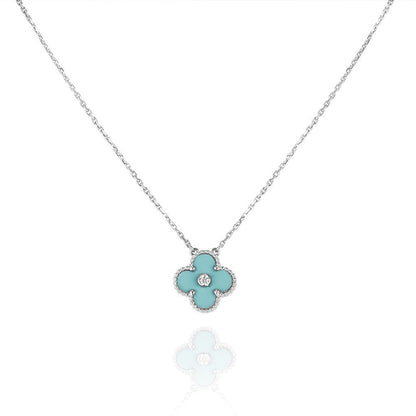 [Luxery]CLOVER 1 DIAMOND LIGHT BLUE SILVER NECKLACE