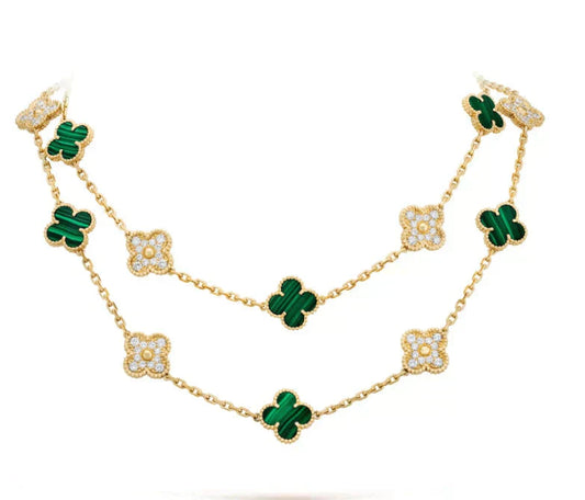 [Luxery]CLOVER 20 MOTIFS MALACHITE DIAMOND NECKLACE