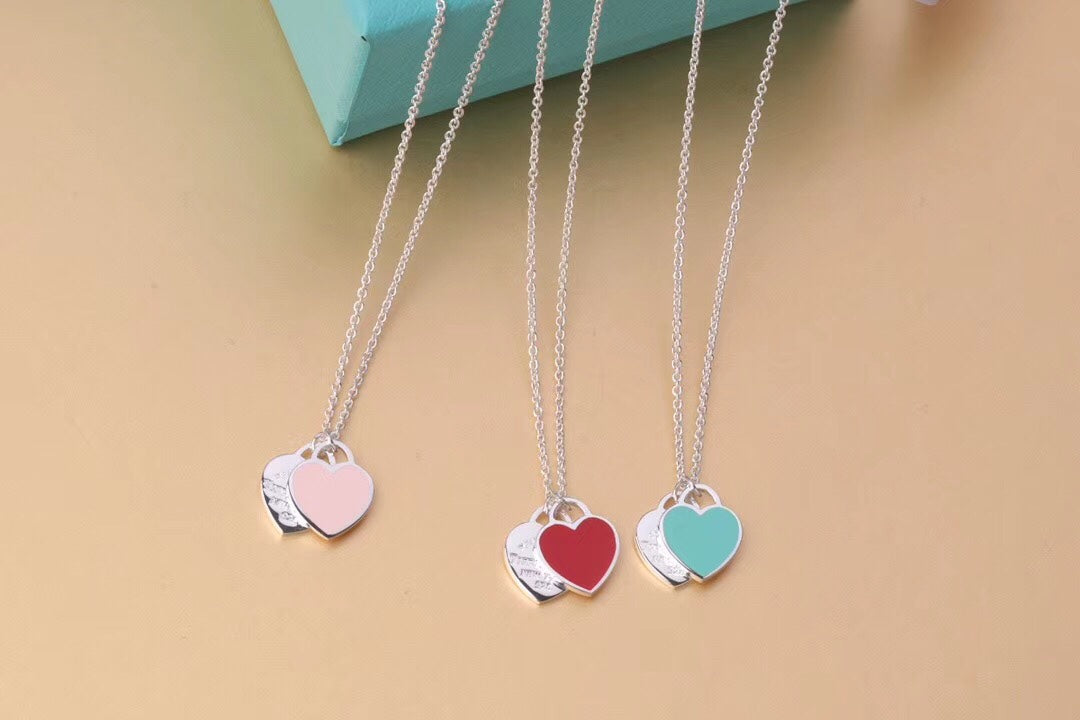 [⭐Luxery Jewels]DOPPEL-HERZ-TAG-ANHÄNGER SILBER MINI-HALSKETTE