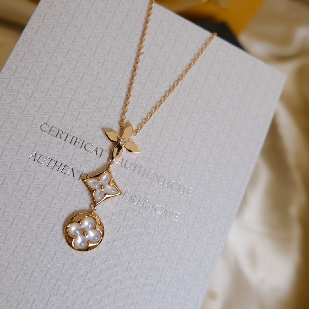 [Luxery]COLOR BLOSSOM LARIAT NECKLACE PINK GOLD WHITE MOTHER PEARL AND DIAMOND