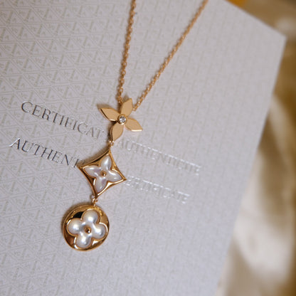 [Luxery]COLOR BLOSSOM LARIAT NECKLACE PINK GOLD WHITE MOTHER PEARL AND DIAMOND
