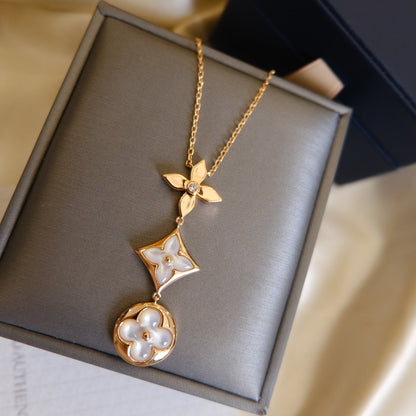[Luxery]COLOR BLOSSOM LARIAT NECKLACE PINK GOLD WHITE MOTHER PEARL AND DIAMOND
