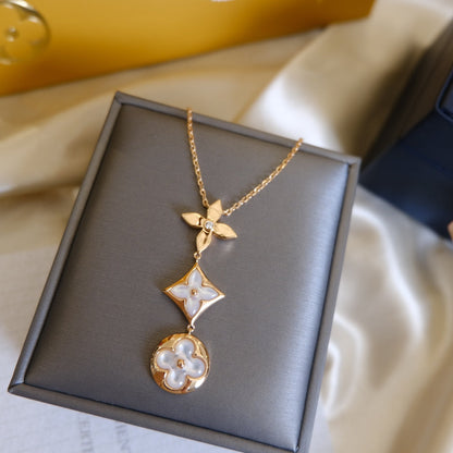 [Luxery]COLOR BLOSSOM LARIAT NECKLACE PINK GOLD WHITE MOTHER PEARL AND DIAMOND