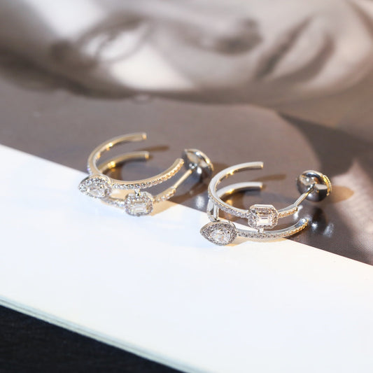 [Luxery]CREOLES MY TWIN 2 RANGS SILVER DIAMOND EARRINGS