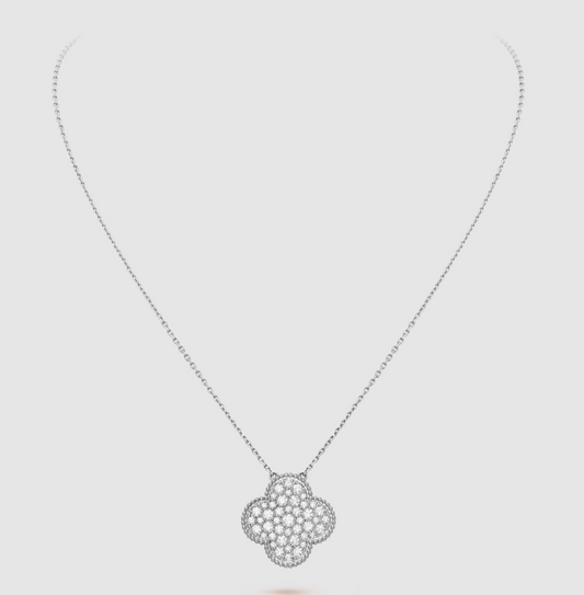 [Luxery]CLOVER 25MM LARGE PENDANT DIAMOND PAVED SILVER NECKLACE