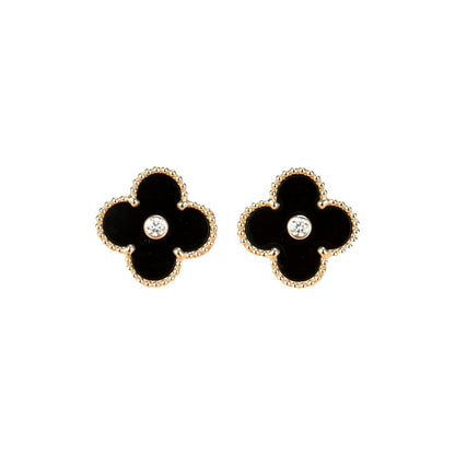 [Luxery]CLOVER MEDIUM 1 MOTIFS ONYX DIAMOND EARRINGS