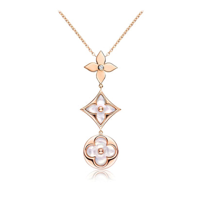 [Luxery]COLOR BLOSSOM LARIAT NECKLACE PINK GOLD WHITE MOTHER PEARL AND DIAMOND
