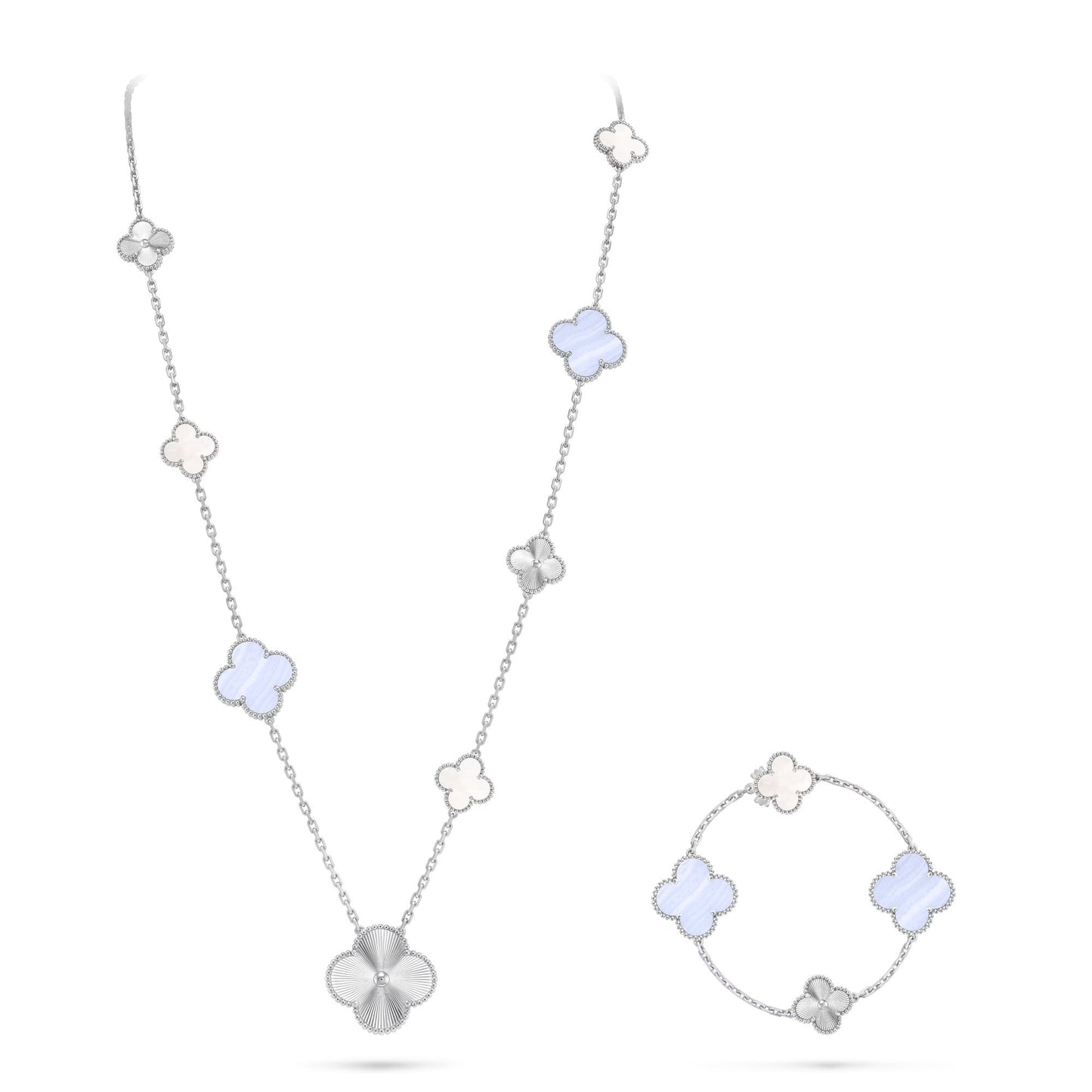 [Luxery]DETACHABLE CLOVER 15(11+4) FLOWER SILVER NECKLACE SET