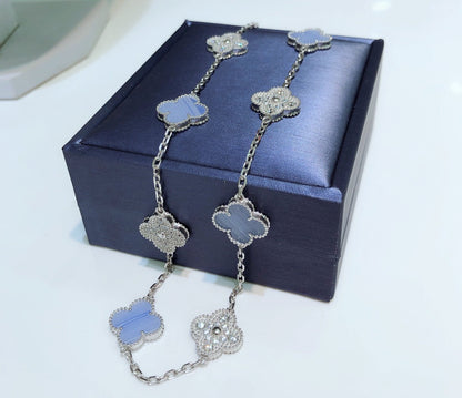 [Luxery]CLOVER 10 MOTIFS CHALCEDONY DIAMONDS SILVER NECKLACE