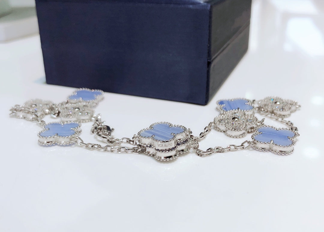 [Luxery]CLOVER 10 MOTIFS CHALCEDONY DIAMONDS SILVER NECKLACE