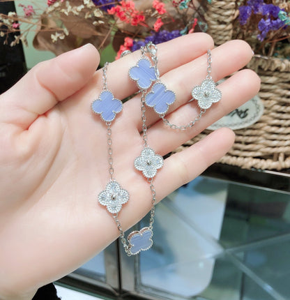 [Luxery]CLOVER 10 MOTIFS CHALCEDONY DIAMONDS SILVER NECKLACE
