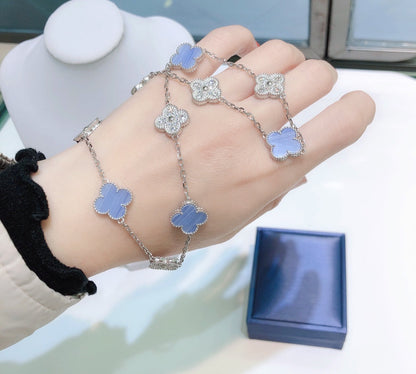 [Luxery]CLOVER 10 MOTIFS CHALCEDONY DIAMONDS SILVER NECKLACE
